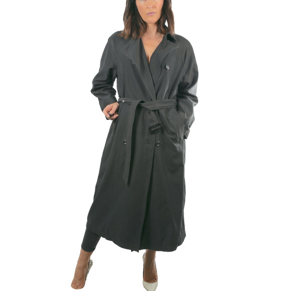 Vintage London Fog Black Belted Long Trench Soft Coat Size 6 Petite - Picture 1 of 16